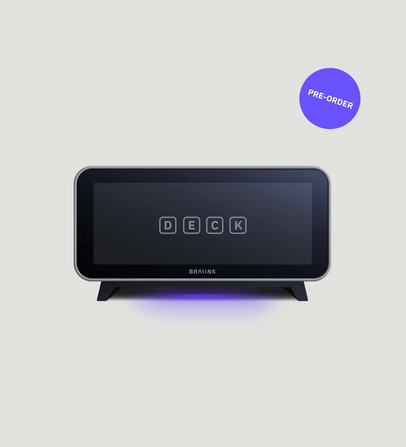 Black electronic device with 'DECK' branding on a light gray background