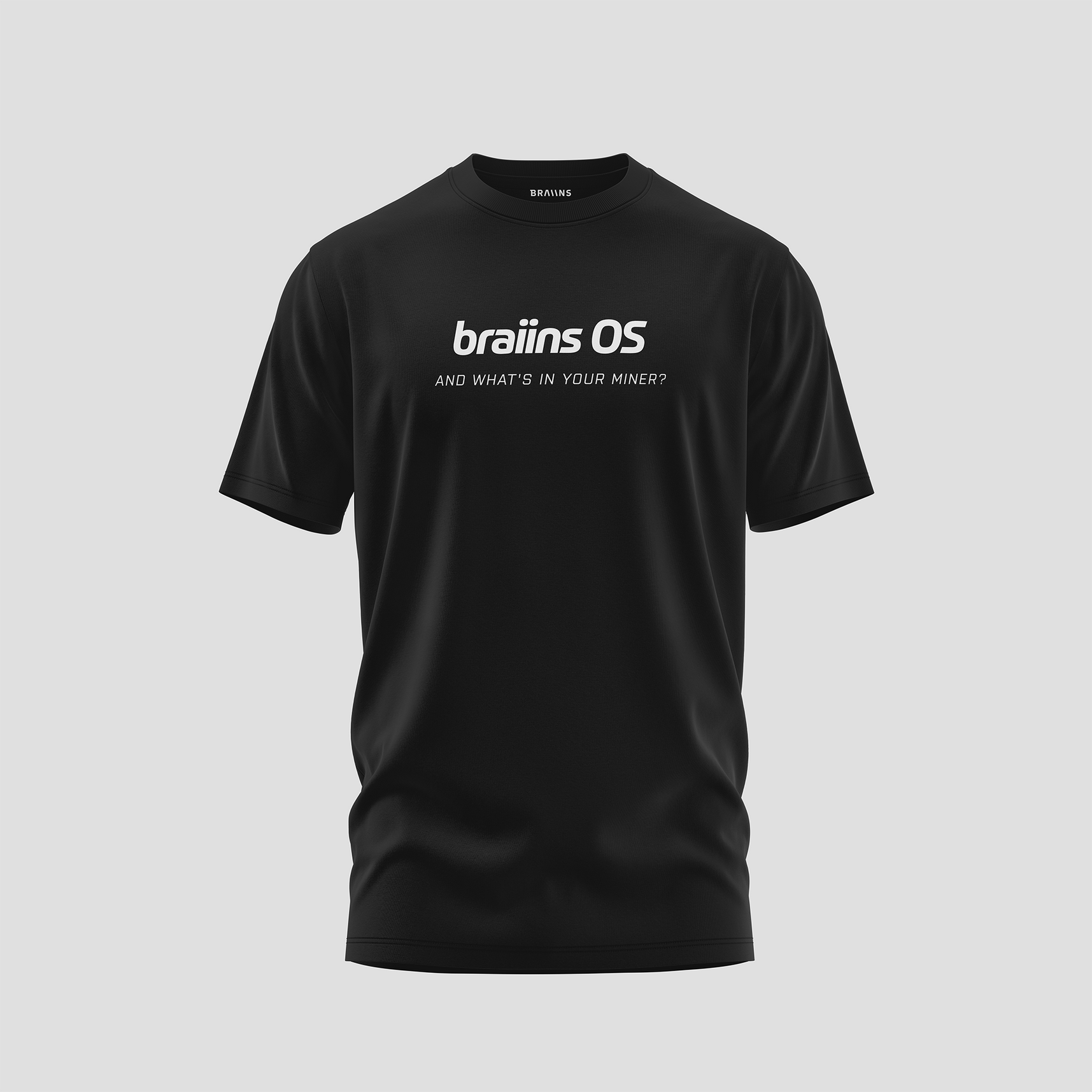 Black t-shirt with 'braiins OS' text on a gray background